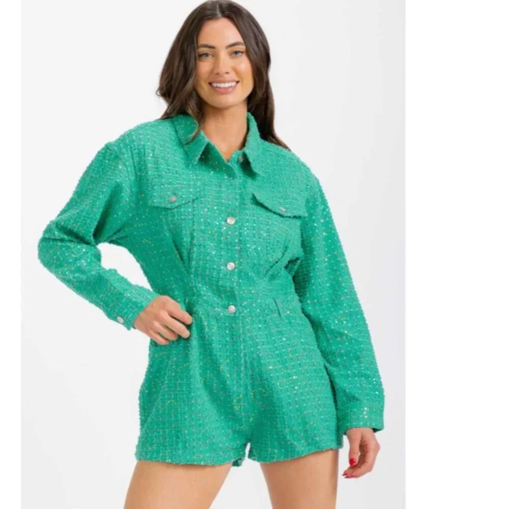 Textured Green Long-Sleeve Romper - Picture 3 of 5